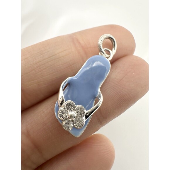 925 sterling silver flip flop charm Blue Enamel Rhinestone - Picture 1 of 5